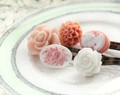 Flower Bobby Pins, Pink and White, Hair Flowers, Resin Flowers, Pastel Pink Hair Accessories, Pink Cameo, White Rose, Pink Rose