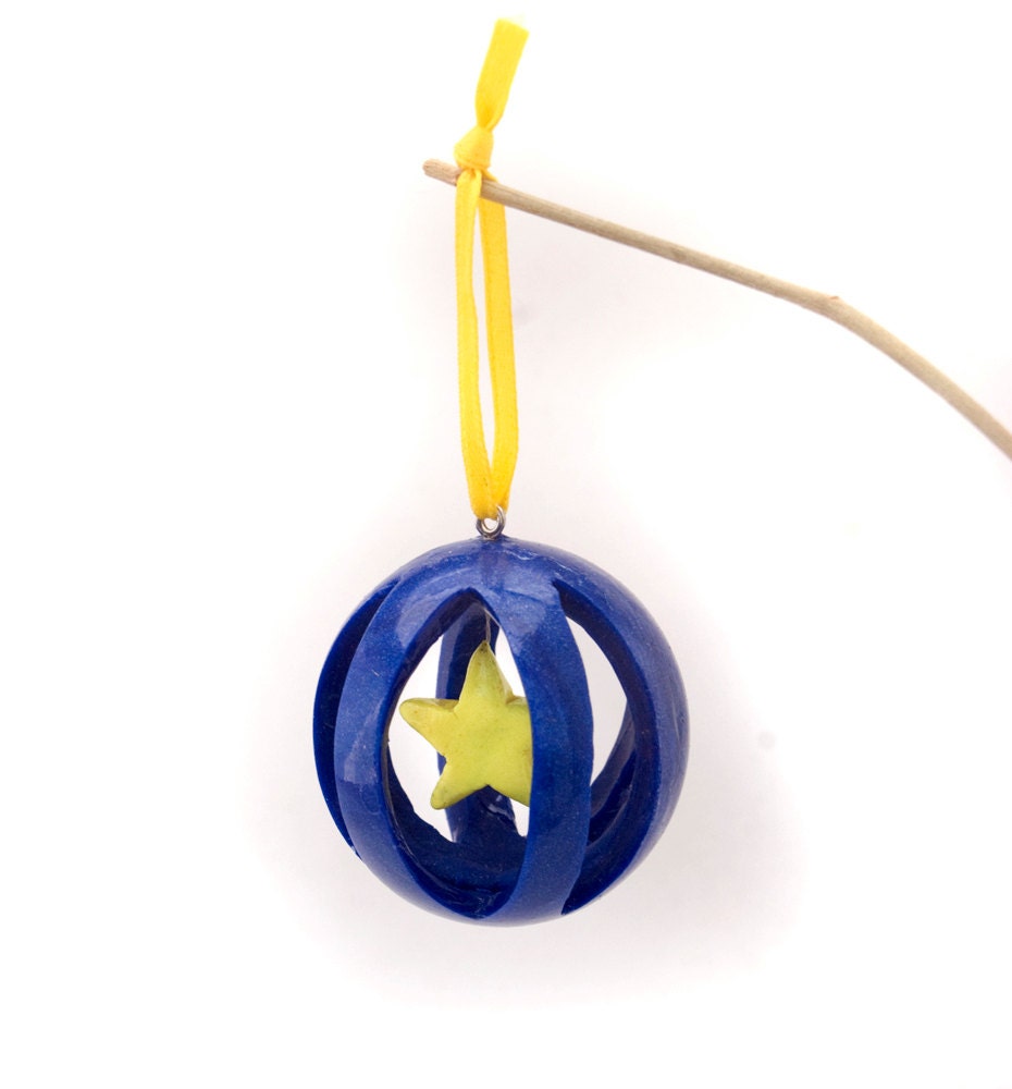 hanging star in blue cage - Round polymer clay ornament -  Christmas tree ornament - celestial décor - cute space themed -  Yule tree