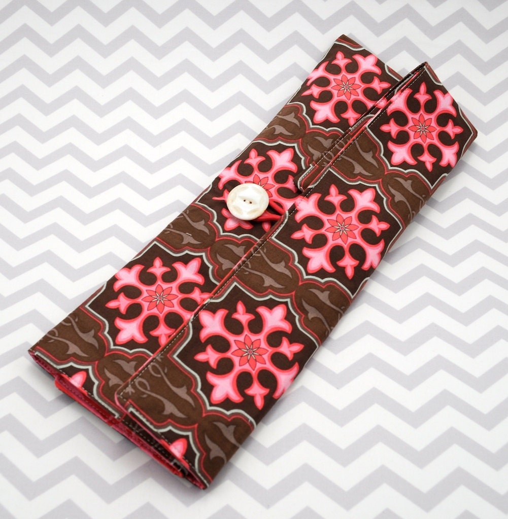 Knitting Needle Case or Paintbrush Case - Pink and Brown Geometric and Orchid Cotton Fabric