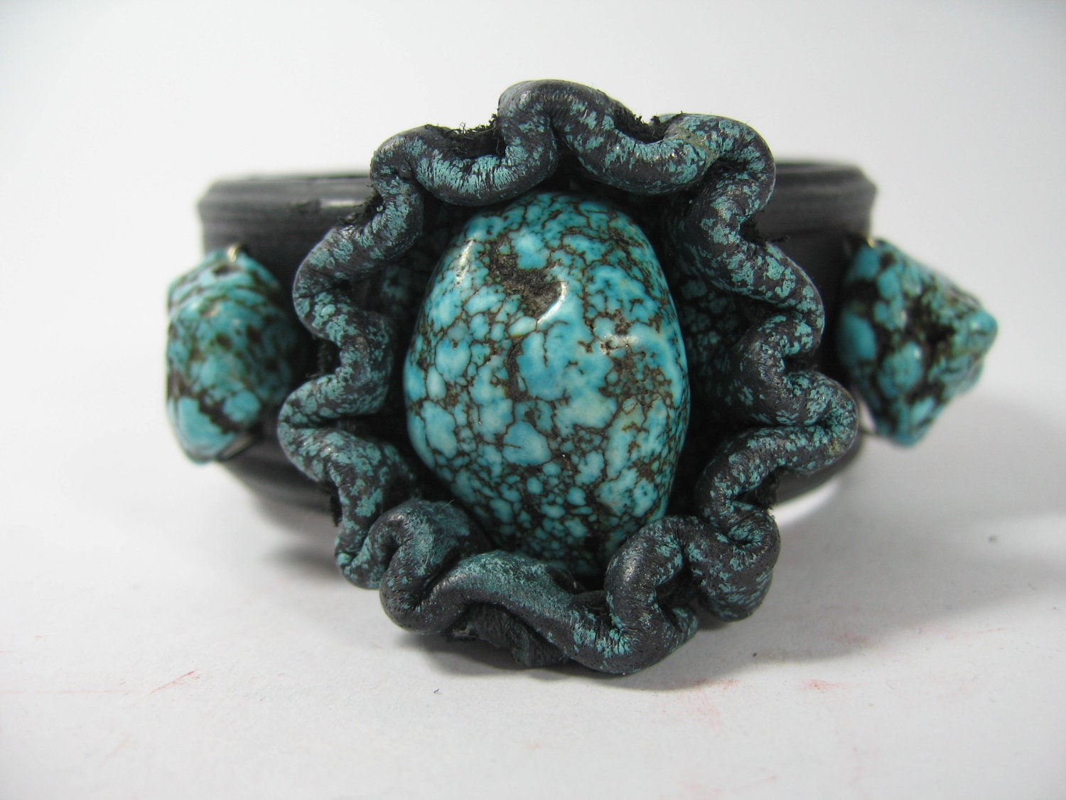 Turquoise Stone Leather Bracelet , Distressed Blue Black Wristband Wrap Bohemian Jewelry