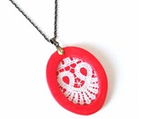 Red-white lacy pendant necklace white lace piece on red oval polymer clay fashion necklace on bronze chain shabby chic one-of-a-kind