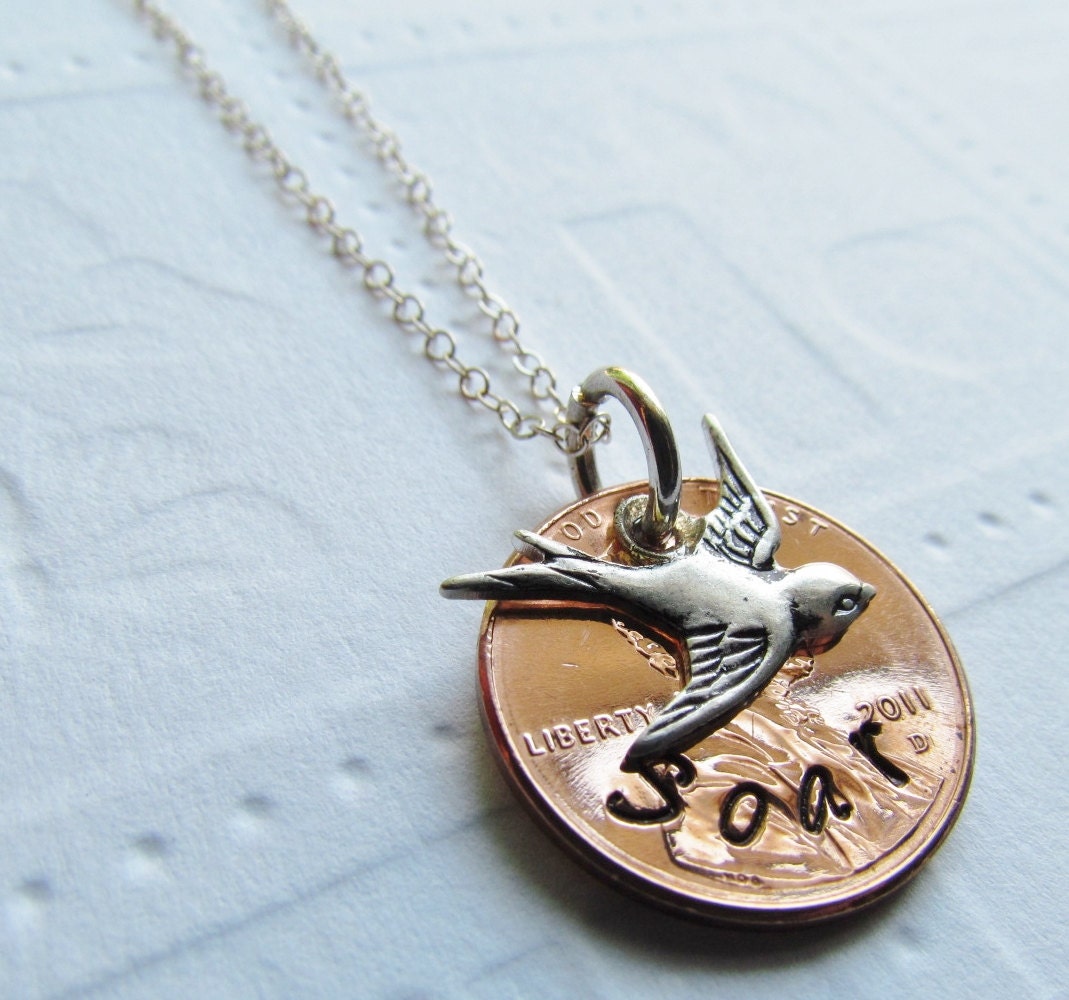 Lucky Penny Necklace SOAR Hand Stamped Jewelry Soaring Swallow Bird Charm Sterling Silver One Word Personalized For You 2013