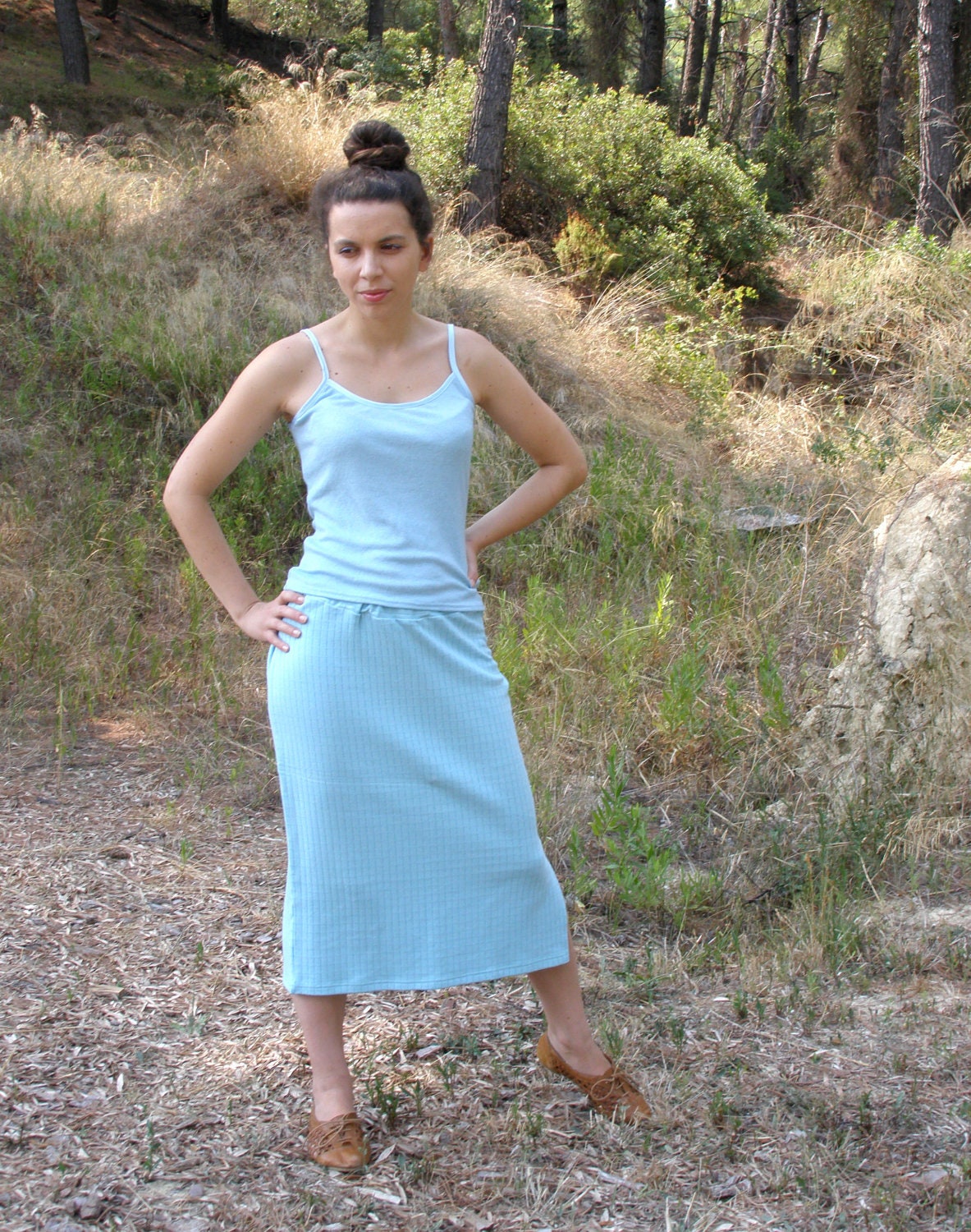 Pastel blue jersey striped skirt