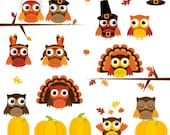 Thanksgiving Owls Clipart Clip Art, with Turkey, Pilgrims, Indians - Commercial and Personal - PinkPueblo