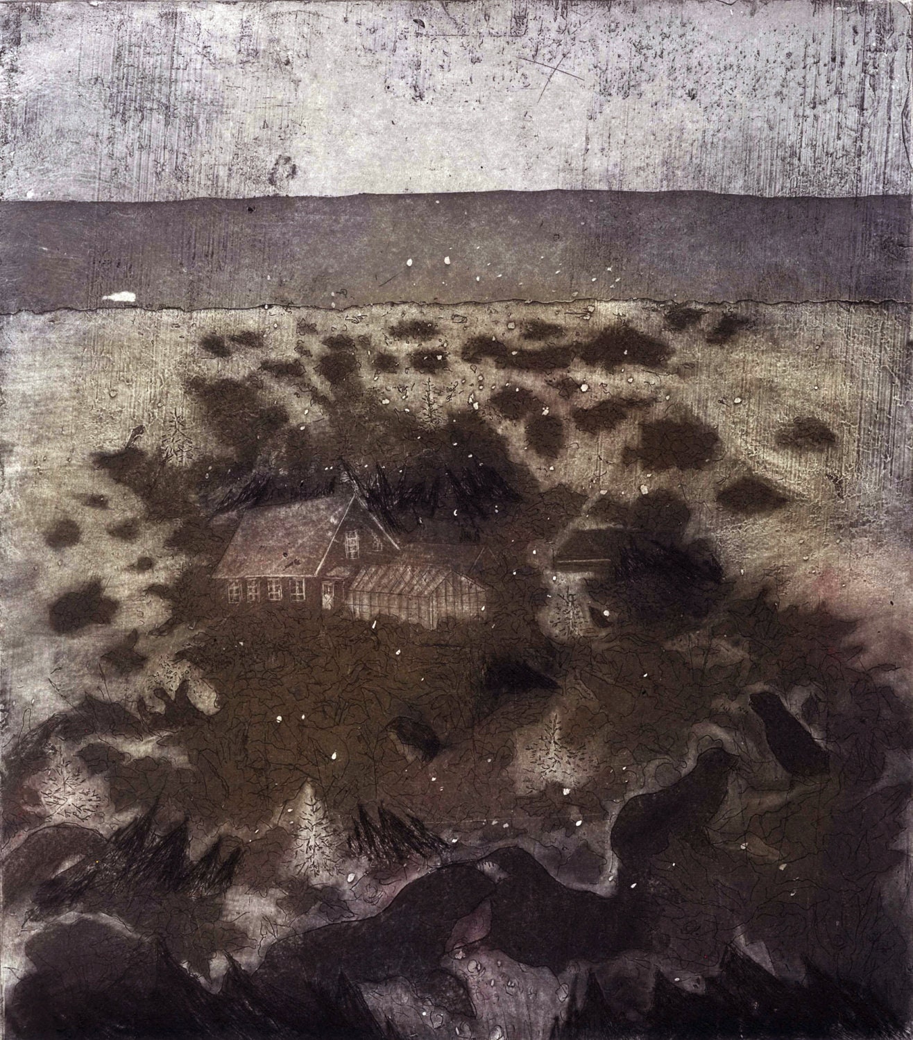 Beginning to Snow - Etching, aquatint, and drypoint