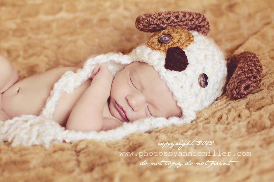 Baby Hat - Baby Puppy Hat -  Newborn Puppy Dog Hat - Spotted Puppy Cute and Soft Earflap - by JoJosBootique