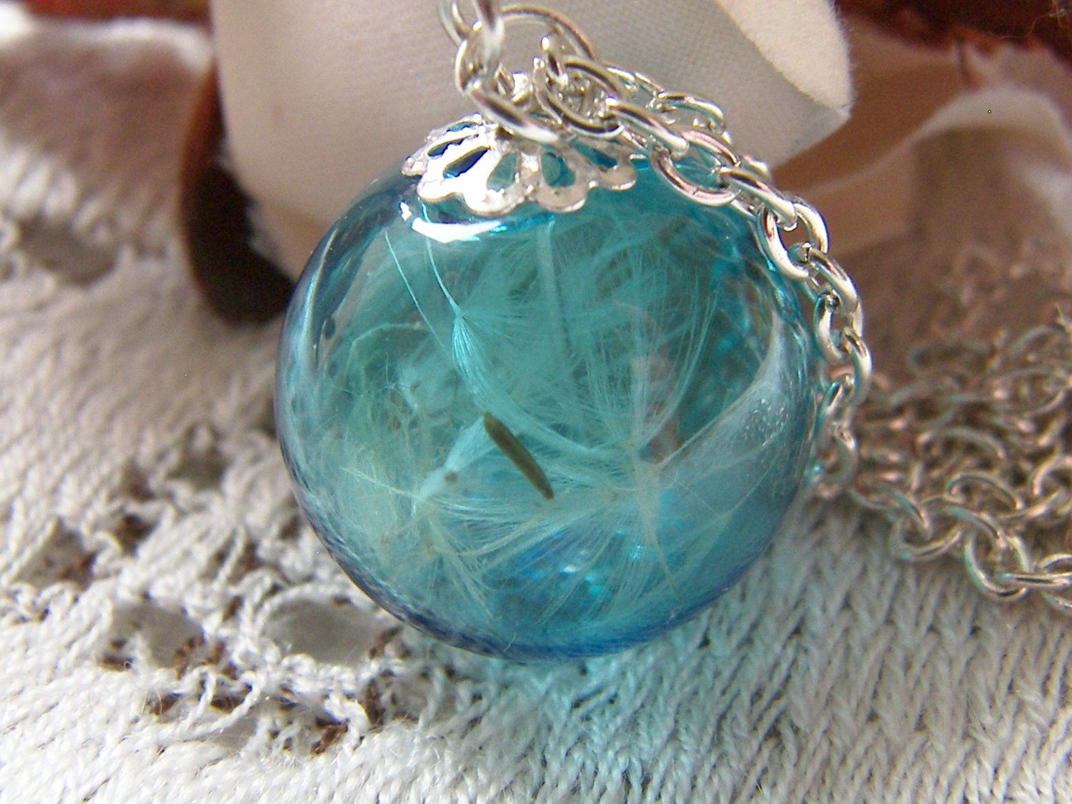 Real Dandelion Necklace Hand Blown Blue Glass Orb Bead Fairy Globe - MAKE A WISH - Nature Specimen