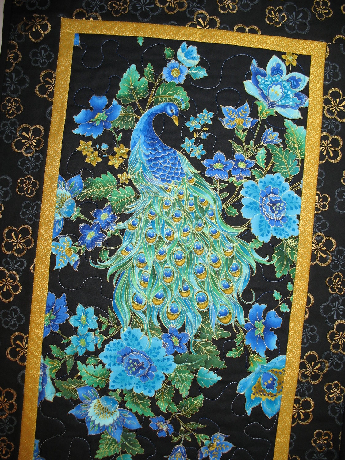 Peacock Wall Hanging or Table Runner Quilted fabric from Timeless Treasure Plume  Fabric Line