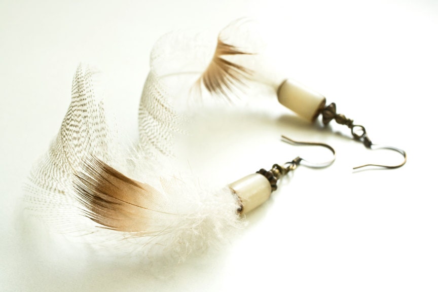 Feather Dangle Earrings - Feather, Betelnut, Brass - Winter Fashion Jewelry Tribal Design
