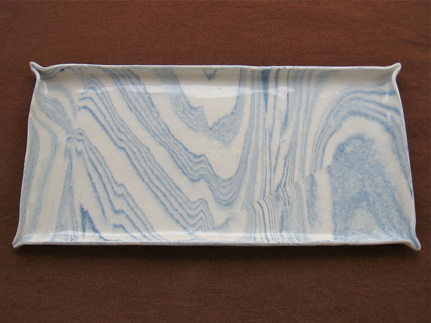 Handmade Ceramic Sushi Serving Plate - Blue and White Marbled Stoneware Pottery (Agateware)
