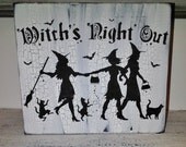 Halloween Decoration Witch  -  "Witch's Night Out " Vintage shabby chic cottage style in black & white