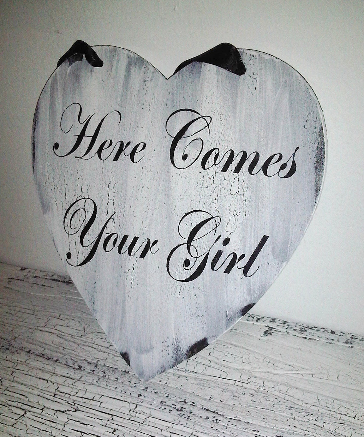 Wedding Signs Here comes the bride "Here Comes Your Girl" - 1 READY TO SHIP - Heart shaped shabby vintage style