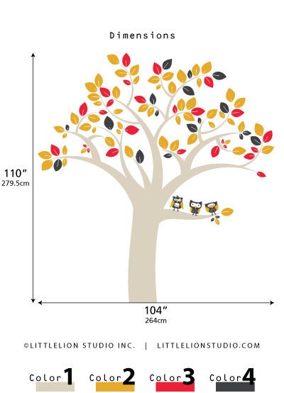 Owl Tree Extra Large Wall Decal - Fun, large owl tree decal - Modern Kids Wall Mural - Brown, red, charcoal, yellow and more colors