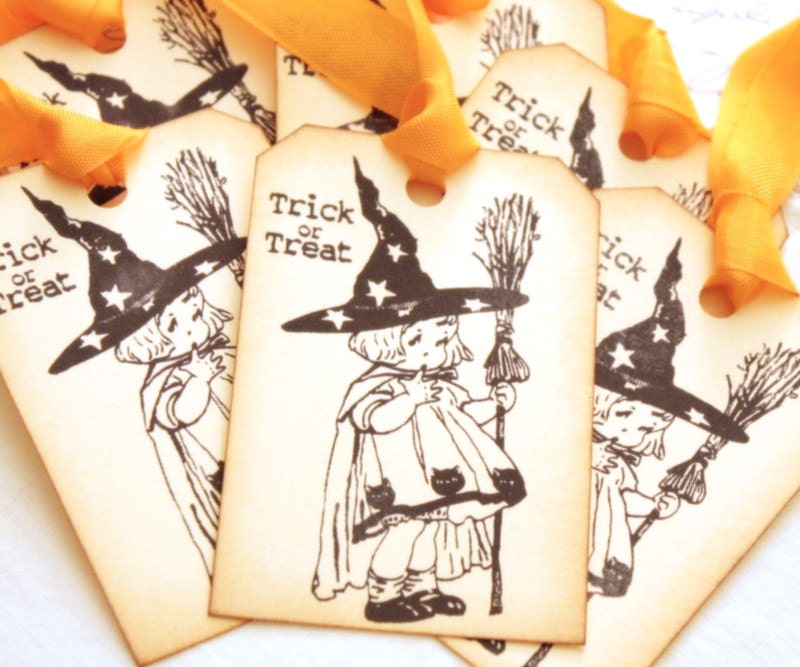 Vintage Style Halloween Gift Tags, Trick or Treat Tags, Little Girl Witch, Childrens Vintage Halloween