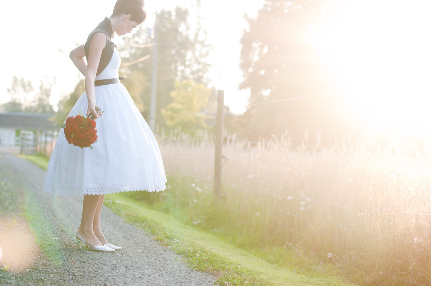 Tea Length Wedding Dress PRIMROSE, Cotton Eyelet Dress, Off Shoulder