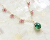 Faceted Emerald Green Quartz Vermeil Bezel Pendant & Pink Raspberry Quartz Rondelle Gold Chain Necklace