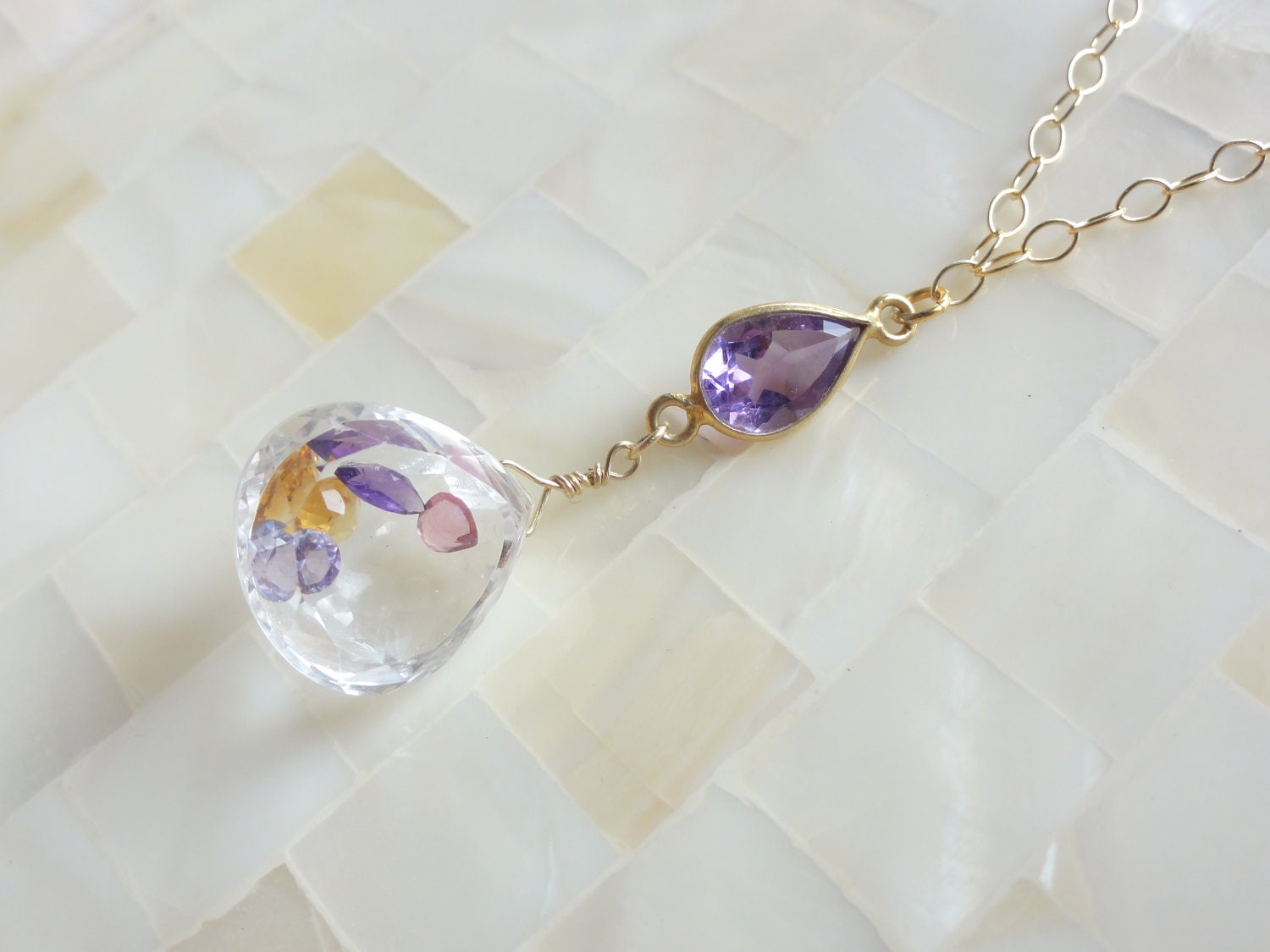 Rock Crystal Quartz Multi-Gem Floating Briolette & Amethyst Connector on Gold Chain Necklace