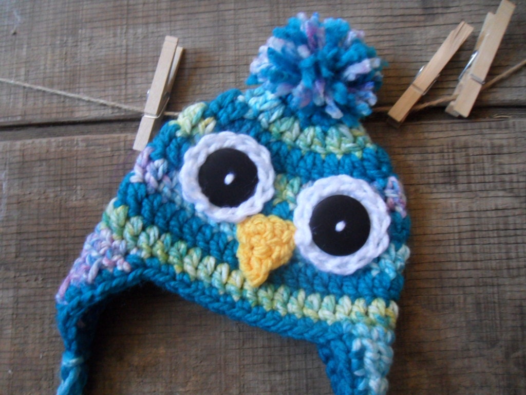 Teal Penguin  Crochet  Hat, Teal, Teal varigated Stripe Earflap Hat