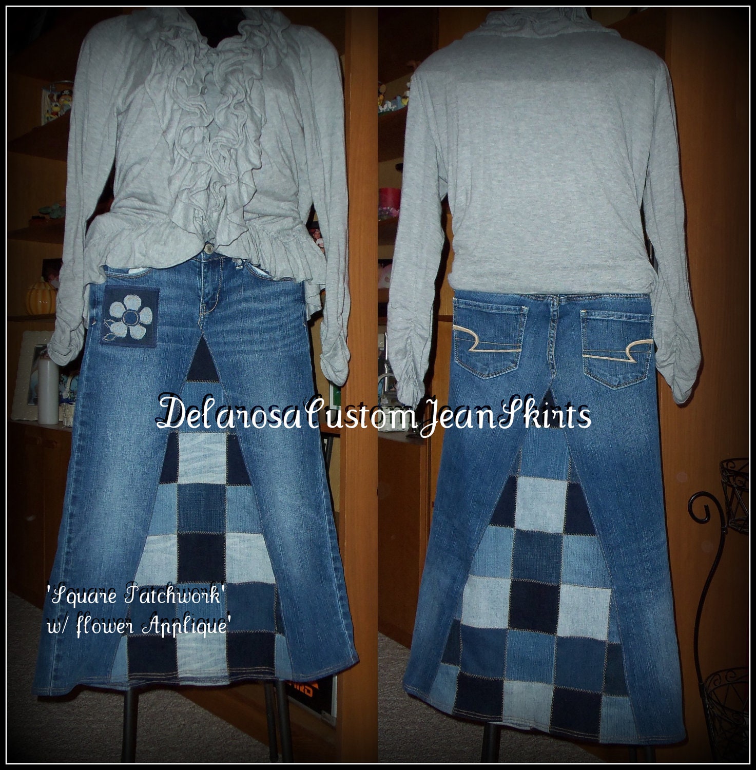 Long Jean Skirt Square Patchwork Custom Your Size Made to Order sizes 0-2-4-6-8-10-12-14-16