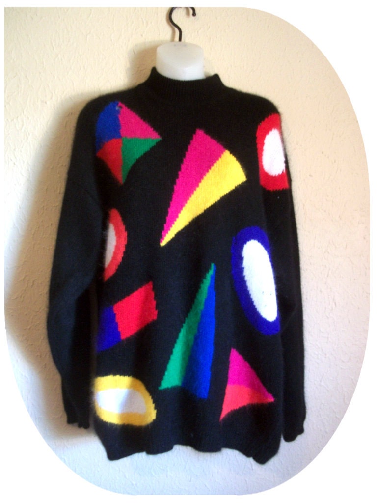 Warm black fuzzy Art Deco new wave abstract 80s 90s sweater outerwear turtleneck