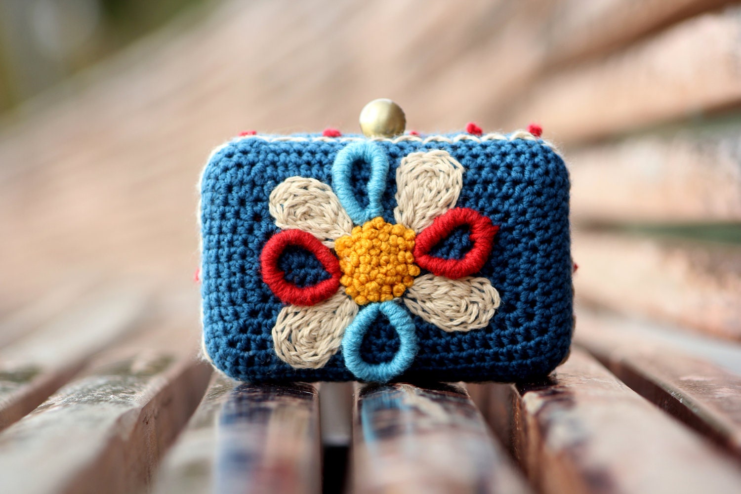 Clutch - crocheted  in navy blue and embroidered in funny colors - MADE TO ORDER
