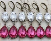 Pink Bridesmaids Jewelry Rose & Crystal Vintage Bridesmaids Earrings Wedding Jewelry Long Brass Clip Ons Available