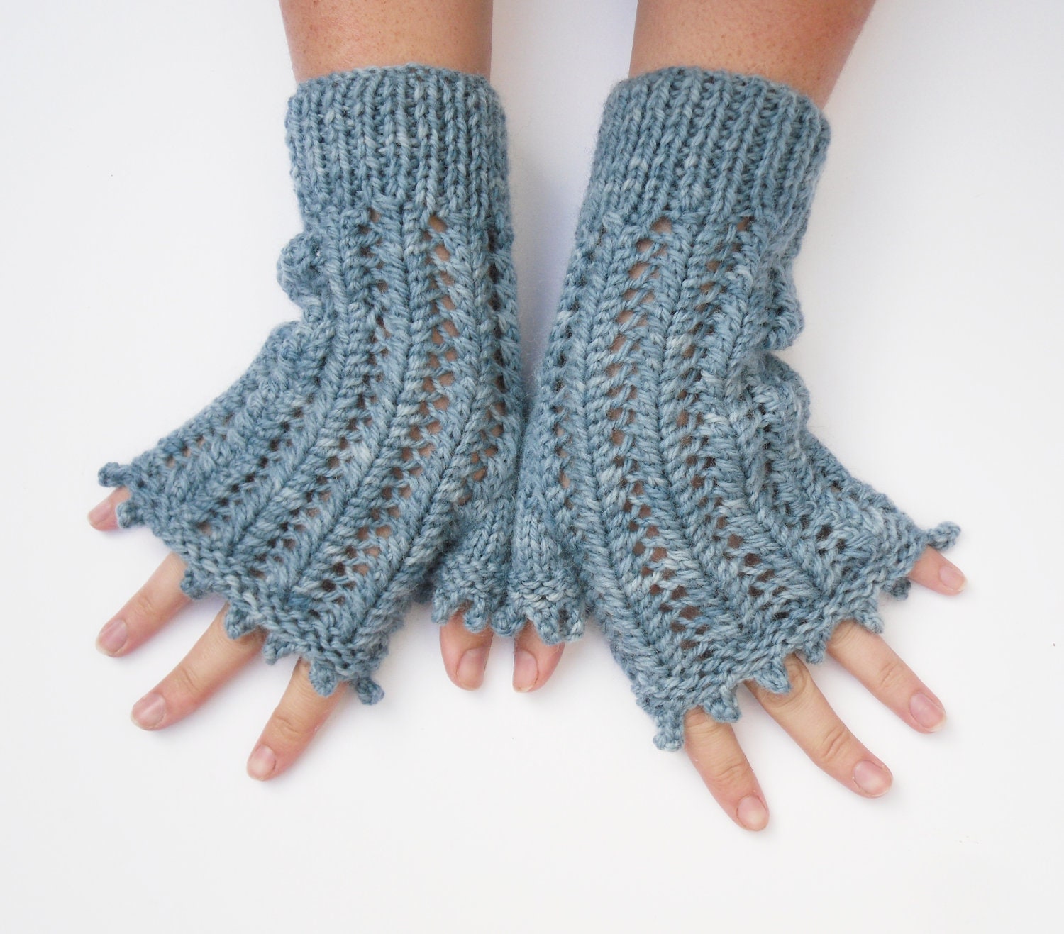 Blue organic merino Wool Fingerless lace gloves / mittens hand knitted with picot edging