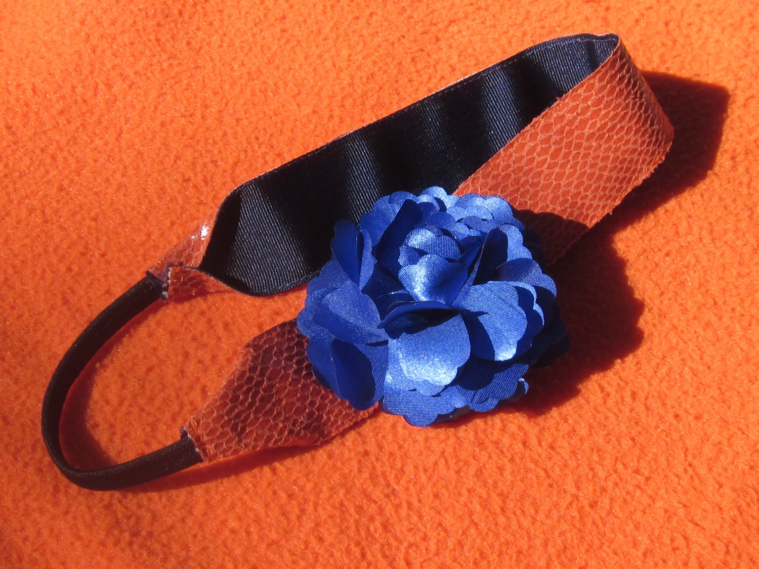 Orange Supple Vinyl Snakeskin 1 1/2" Wide Headband with Gator Blue Satin Flower Clip - University of Florida