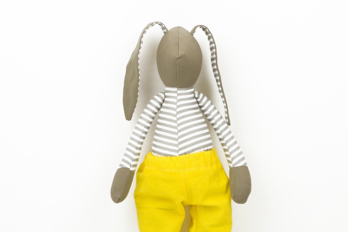 Toy Fabric doll - Olive Rabbit in Gray and white striped shirt Wearing Neon yellow corduroy pants - handmade doll