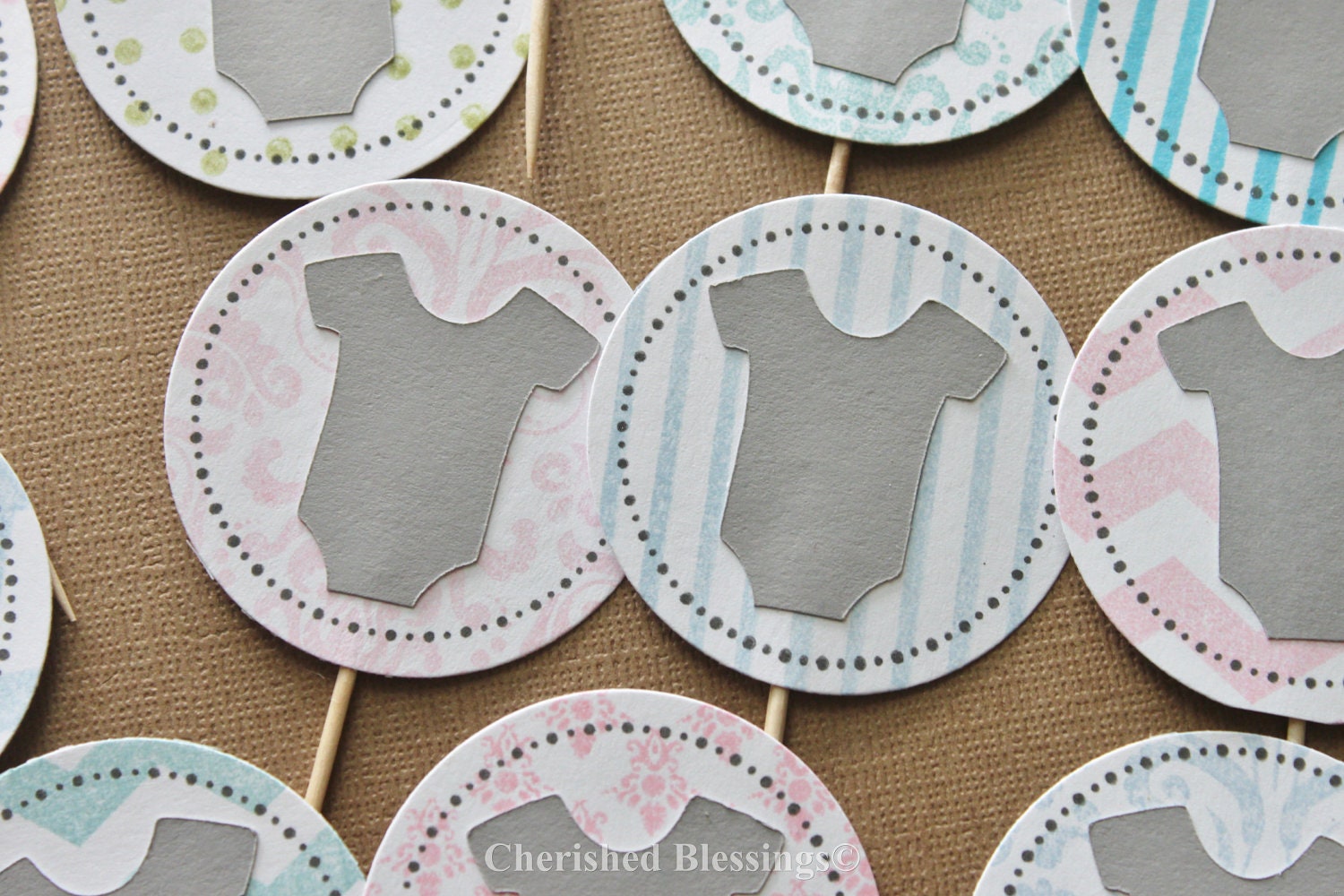 Baby Shower Cupcake Toppers Sticks Picks Onsies Many Colors Set of 12 New Baby Decorations Chevron Stripes Dots Vintage Damask