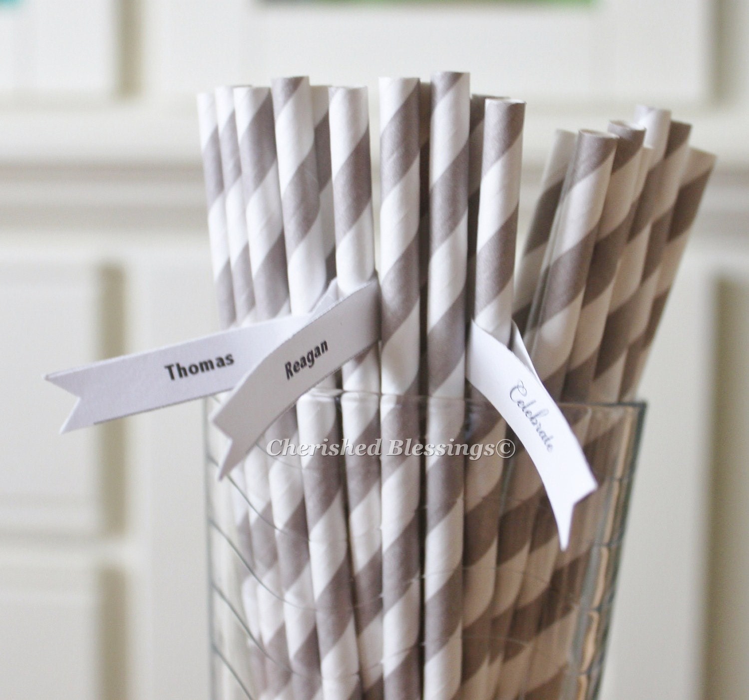 100 Gray Paper Straws Grey Striped Retro Vintage Style Carnival Circus Wedding Birthday Bridal Baby Shower W/ Printable Flags I Created Il_570xn