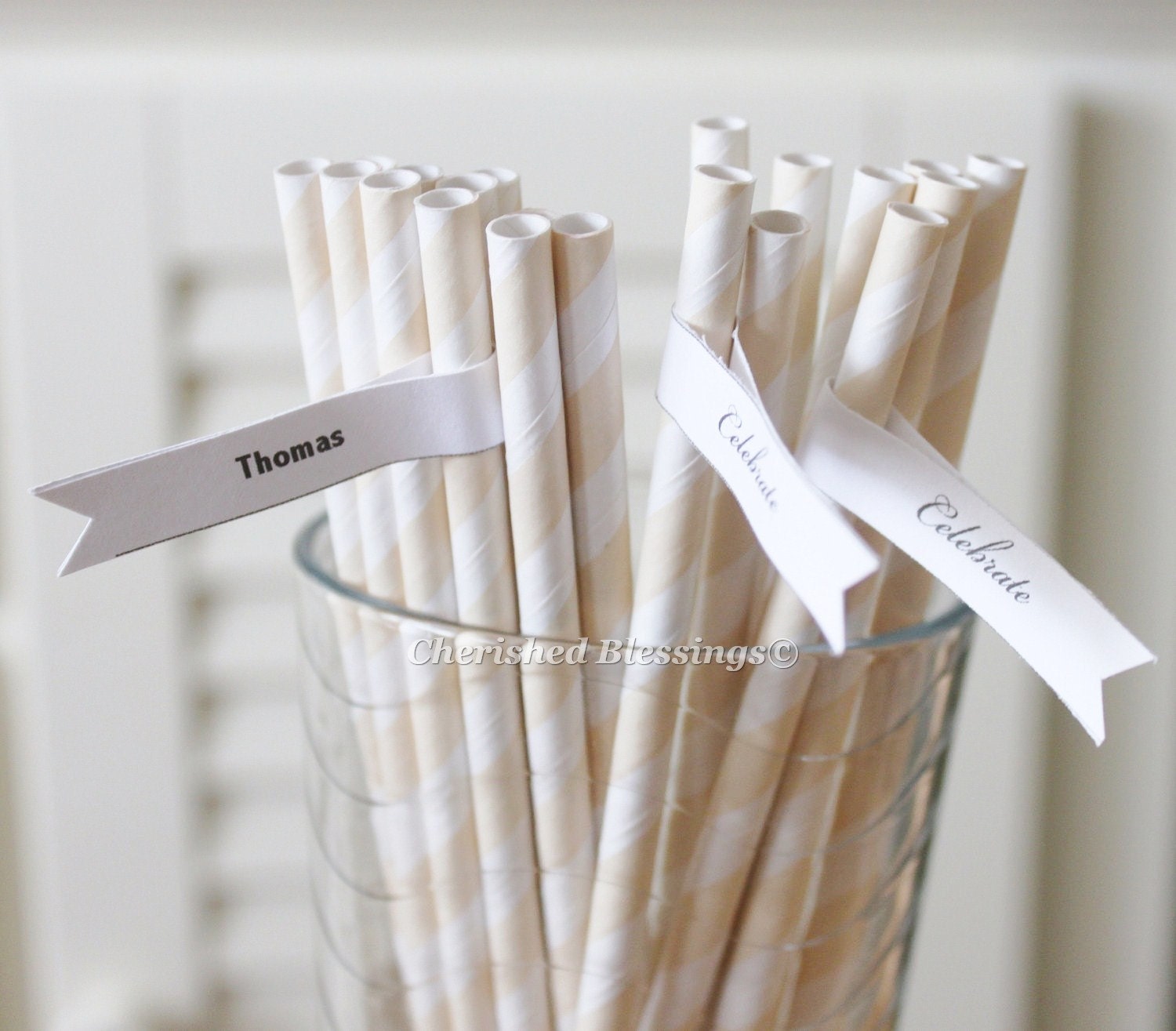 50 Cream Ivory Paper Straws Beige Striped Retro Vintage Style Carnival Wedding Birthday Bridal Baby Shower W/ Printable Flags Il_570xn
