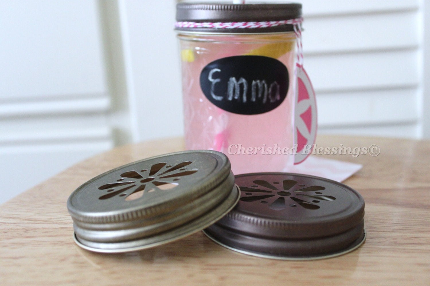24 Daisy Cut Mason Jar Lids Table Setting Tumblers Cups Glasses Kids Birthday Party Wedding Baby Shower Favors RUSTIC BRONZE w/ straw flags Il_570xn