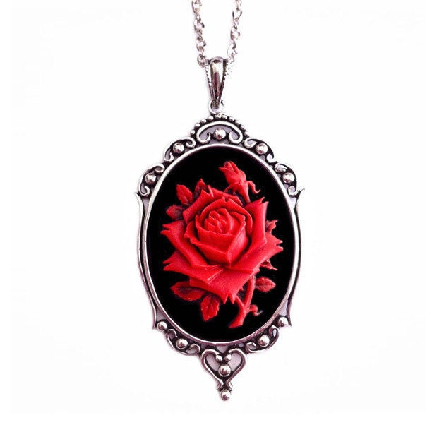 Halloween Jewelry -Gothic Red Rose Cameo Necklace