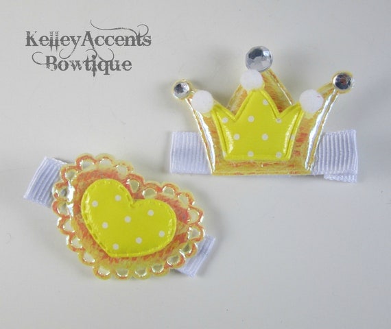 Yellow Princess Crown & Heart Hair Clips