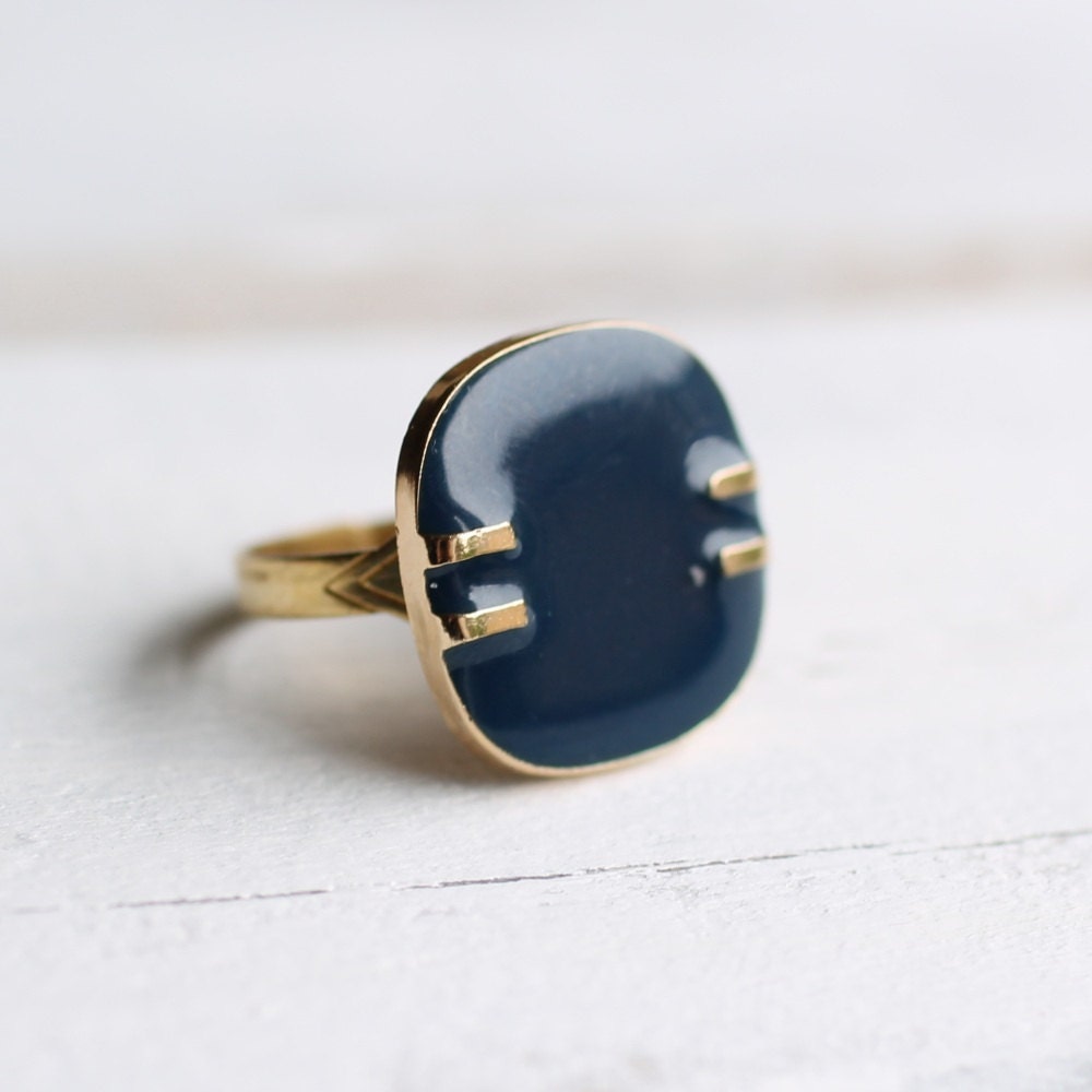 French Navy Vintage Ring   Deep Blue Deco Modernist
