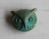 Owl Brooch .. Verdigris Bird with Green Turquoise Pin