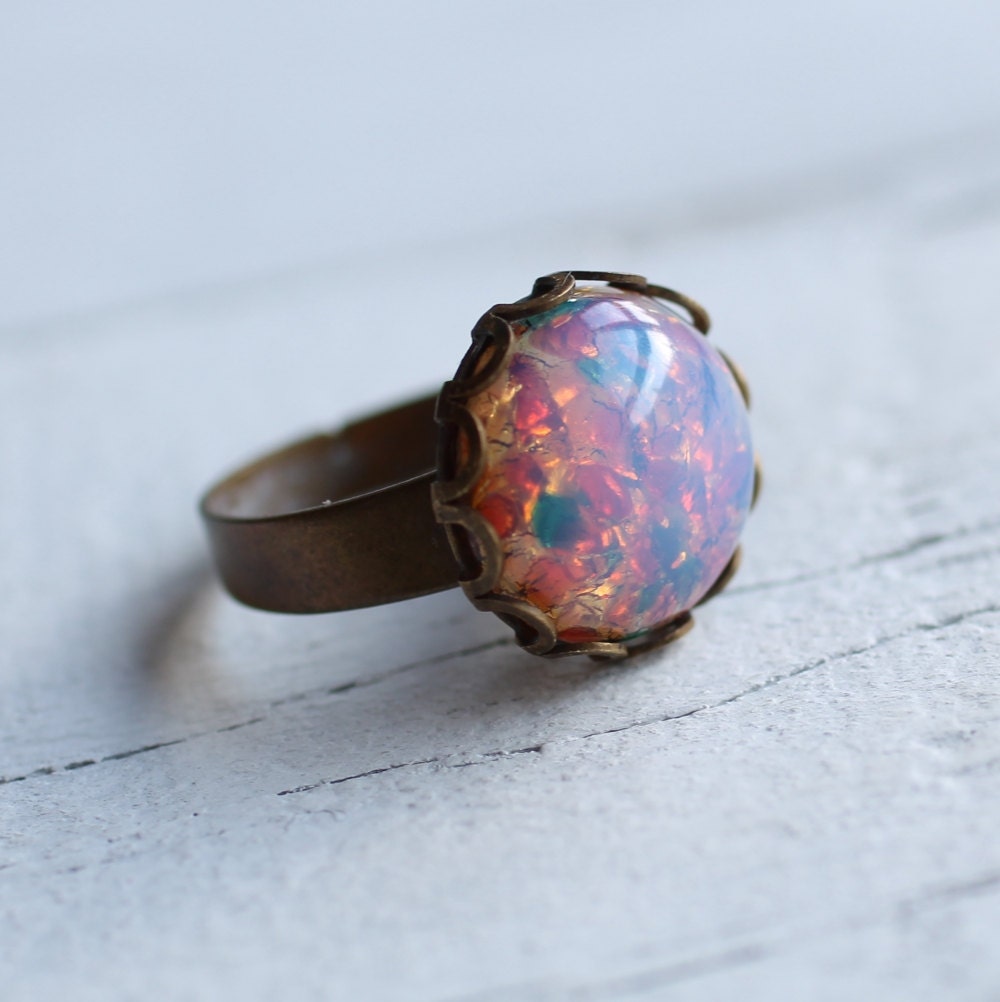 Vintage Pink Opal Ring ... Firestone Pink and Gold Ring with Milky Glass