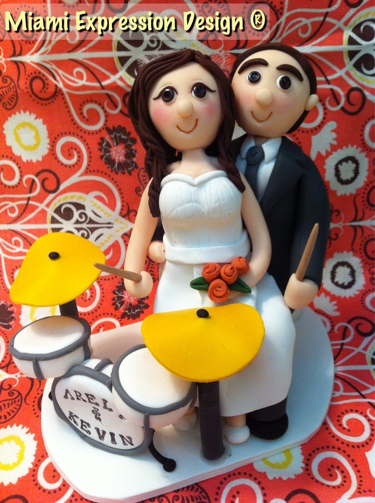 Bride & Groom Wedding Cake Topper - Drum Set Music Theme
