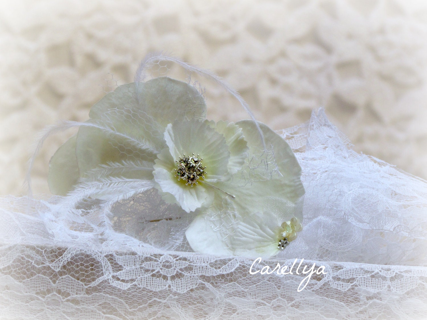 Bridal Orchid Flower Hair Clip - Rhinestone Orchid Bridal Headpiece - Feathers Hair Ivory Fascinator - EFRAT