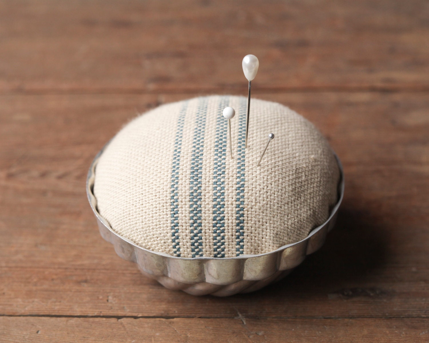 Jello Mold Pincushion - Rustic Cotton Blue Stripe