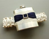 Ivory & Navy Blue FLASK GARTER  -  Something Blue Bridal Garter with Flask - Gift for Her - Ready to Ship