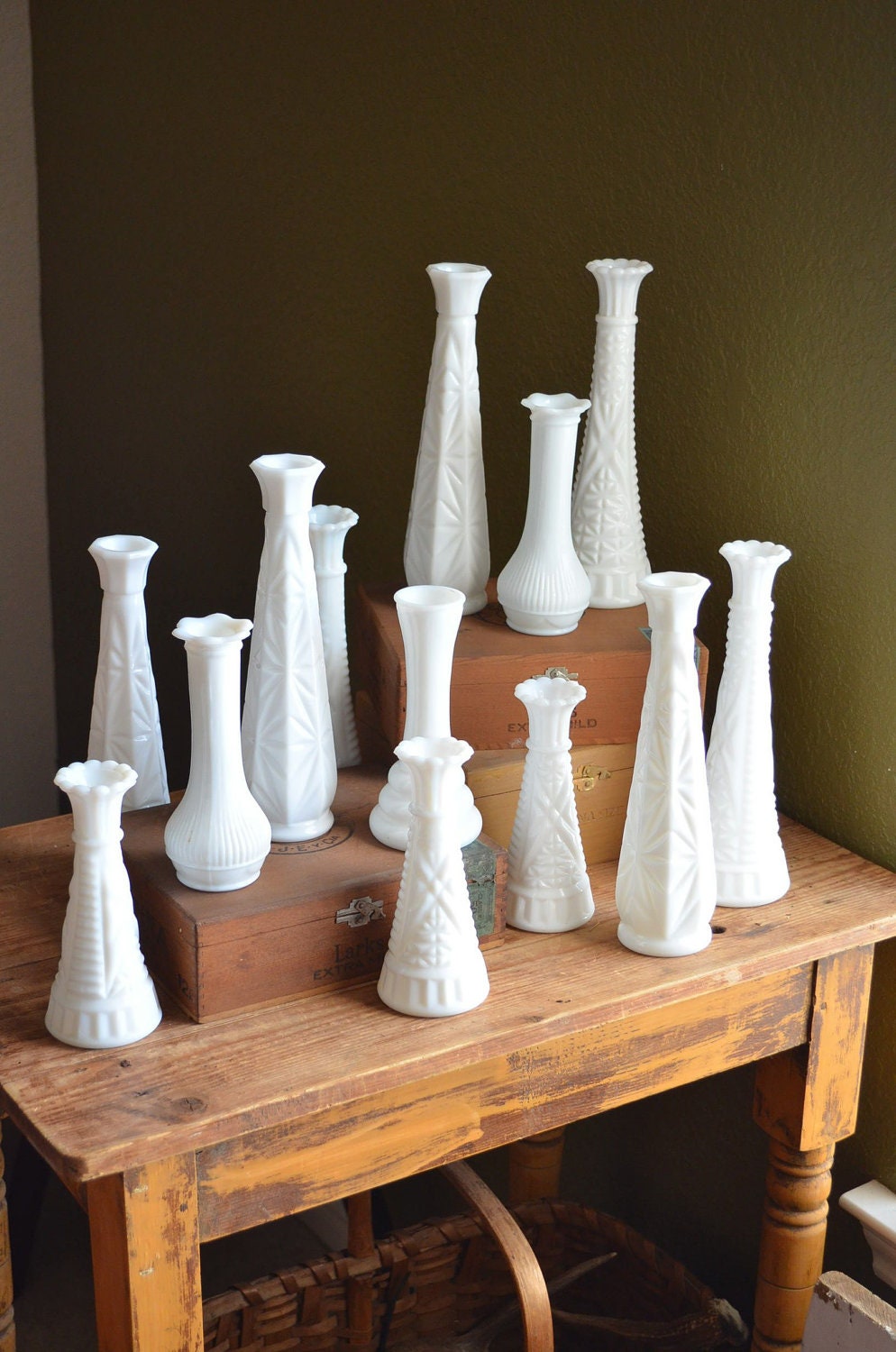 Collection of 13 Vintage Milk Glass Vases White by MyVintageFix