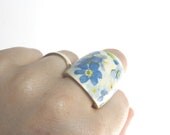Jewelry ring decoupage wooden forget-me-not statement, floral, flowers, natural, blue, cream, green, handmade, nature, ooak, perfect gift