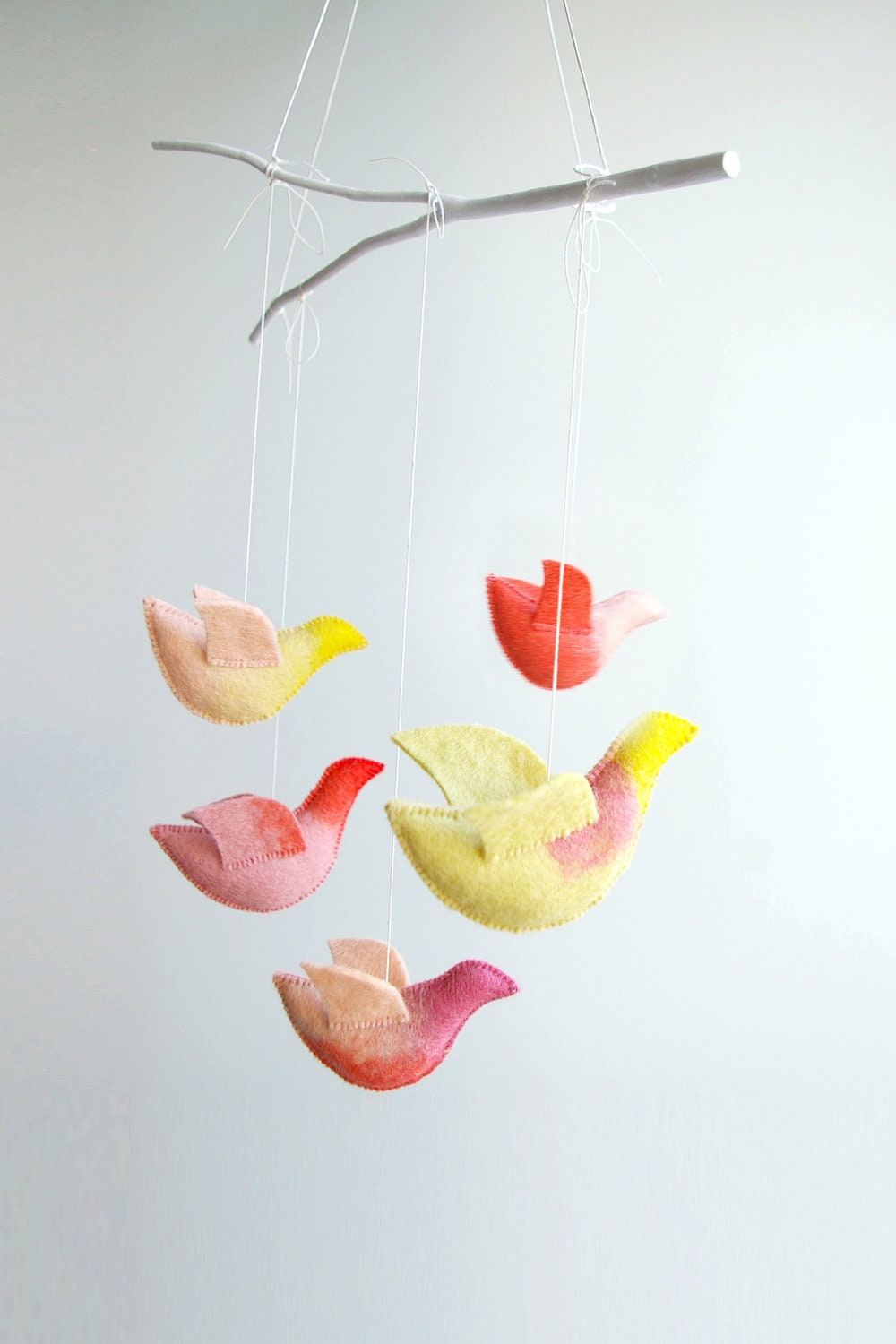 Baby crib mobile - nursery mobile - Birds mobile - yellow pink peach coral - FORWARD THE SUN - made to order