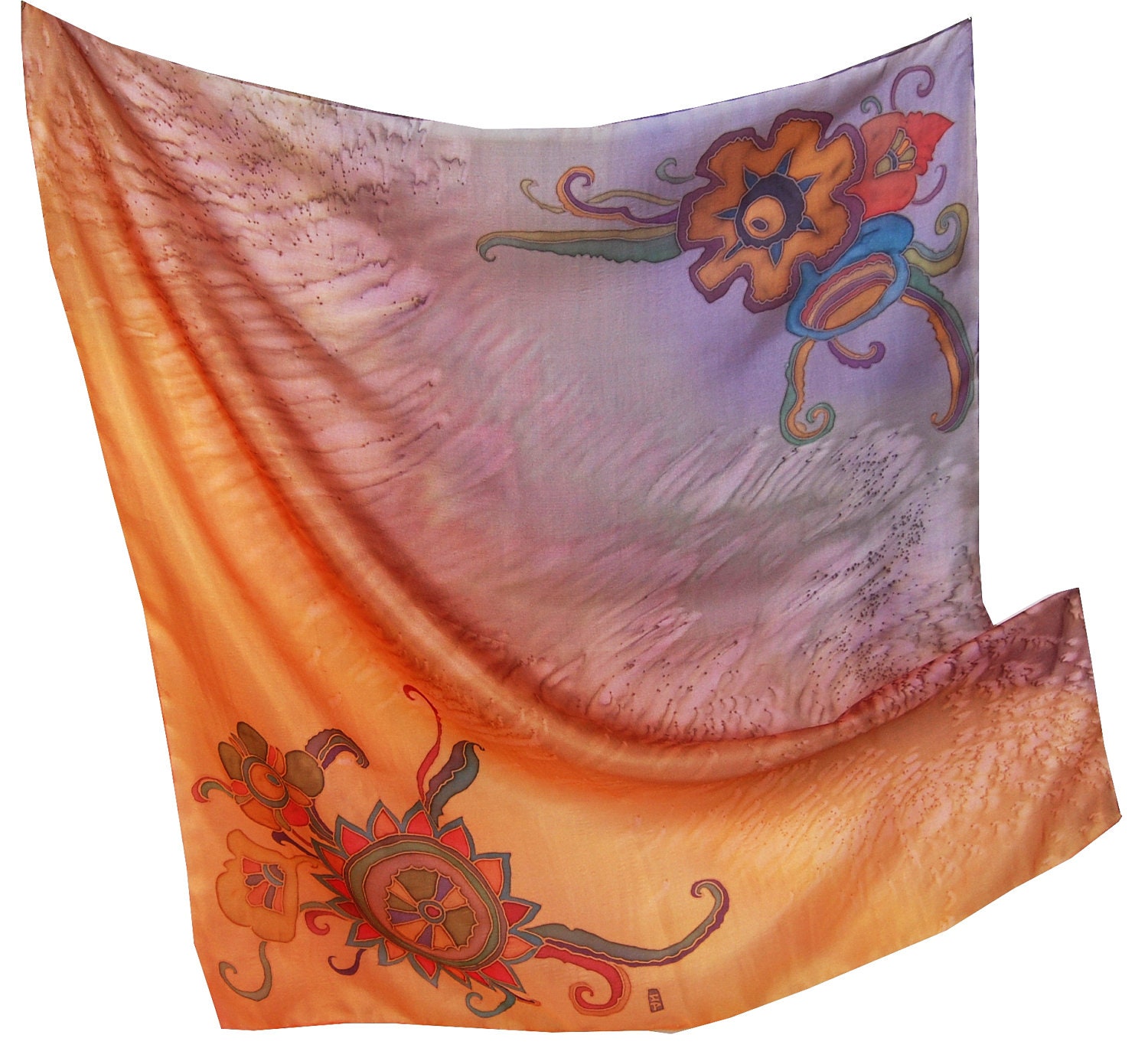 Burnt Orange and Plum Hand Painted Square Silk Scarf