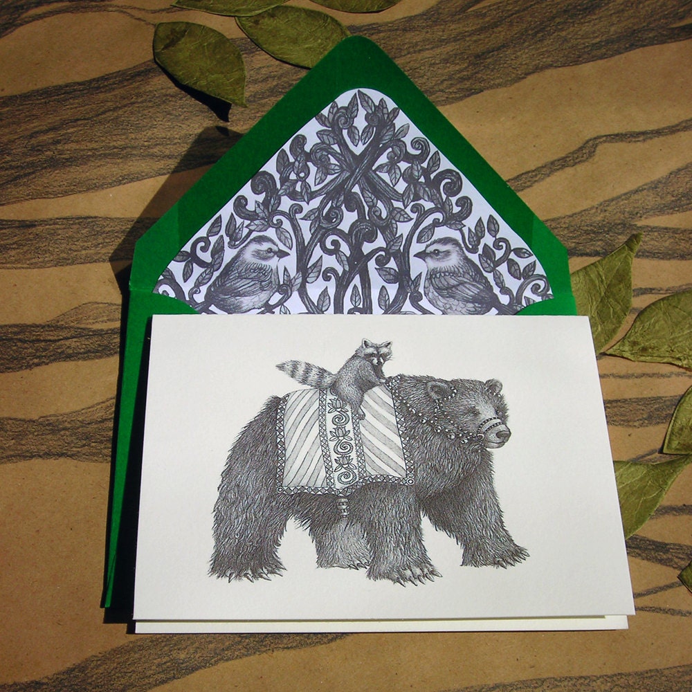 Set of 5 Eco-Friendly Bear and Raccoon Notecards