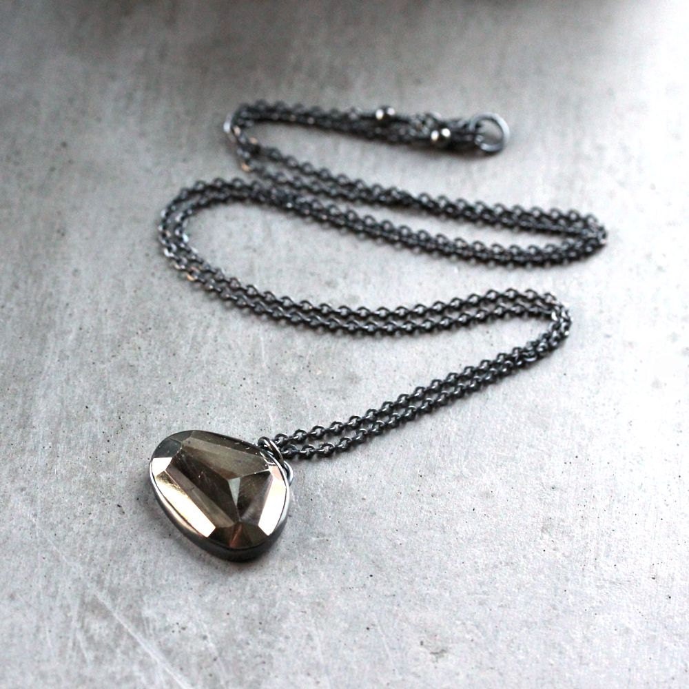 Golden Pyrite Necklace, Metallic Brassy Gold Rose Cut Geometric Pyrite Oxidized Sterling Silver Chain Necklace Pyrite Jewelry