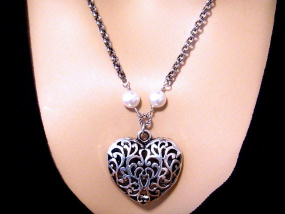 Large Heart Necklace, Victorian Filigree, Antiqued Silver Heart Pendant, Pearl, Long, Romantic Jewelry