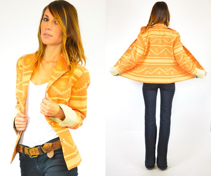 southwestern boho TANGERINE tri colored NAVAJO fitted hourglass BLAZER jacket, extra small-small